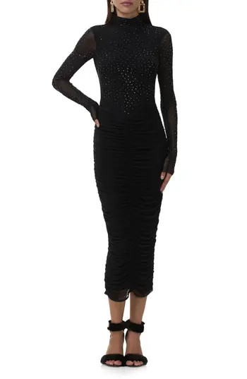 AFRM Cruz Rhinestone Long Sleeve Mesh Midi Dress in Noir at Nordstrom Rack, Size X-Large | Nordstrom Rack
