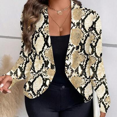 Plus Size Women's Elegant Snake Skin Patterned Loose Fit Long Sleeve Jacket, Suitable For Spring And Autumn | SHEIN