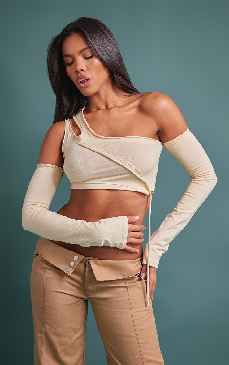 Desert Sand Cut Out One Shoulder Cold Shoulder Crop Top | PrettyLittleThing US