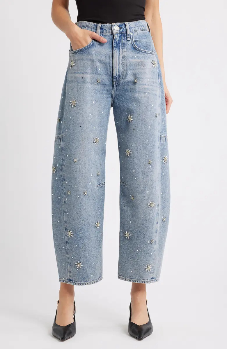 Charlie Flower Crystal High Waist Ankle Barrel Jeans | Nordstrom