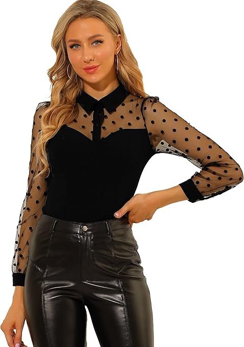 Allegra K Women's Polka Dots Mesh Panel Blouse Party Tops Halloween Semi Sheer Shirt | Amazon (US)