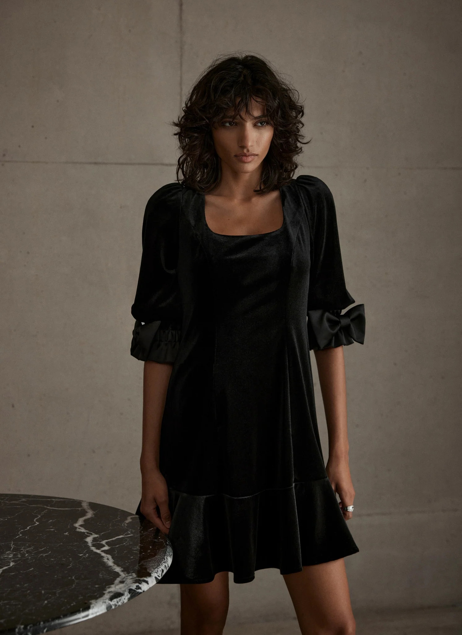 Black Bow Detail Velvet Mini Dress | Mint Velvet