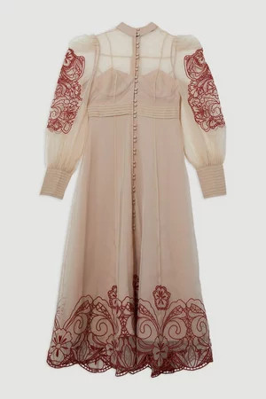 Organdie Embroidered Woven Midi Dress | Karen Millen US