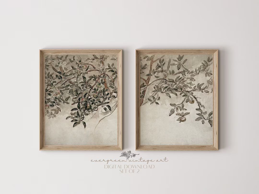 Set of 2 Vintage Apple Tree Branch Split Wall Prints | Neutral Rustic Farmhouse Botanical Printab... | Etsy (US)