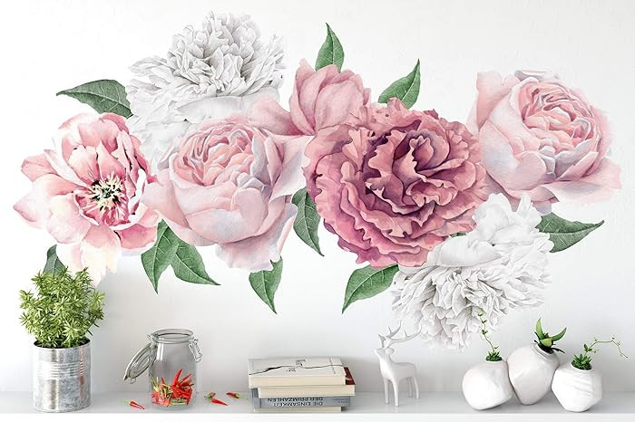 Murwall Peony Floral Wall Decal Peonies Blossom Wall Stickers Pink Rose Peel and Stick for Living... | Amazon (US)