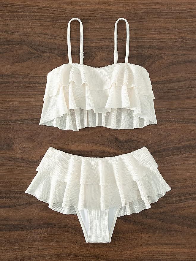 Verdusa Women's 2 Piece Textured Bikini Swimsuit Ruffle Layered Cami Top and Mini Skirt Set | Amazon (US)