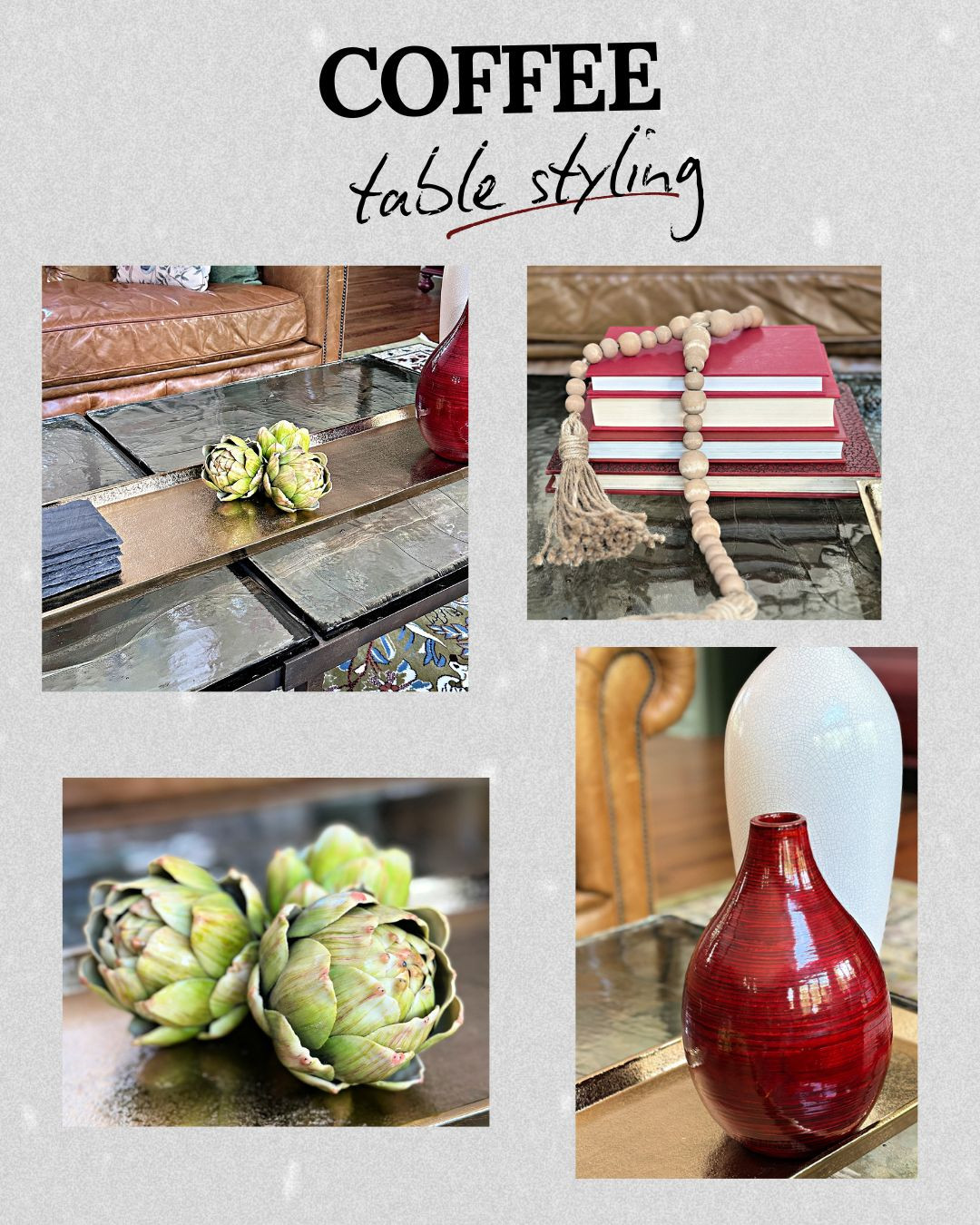 Style a coffee table with some simple elements!  A few books pick up the colors in your room, the faux artichokes or a live plant add an organic element and a pair of vases add some height and another texture to your table.  The anchor?  A beautiful brass tray!   

 #LTKHome