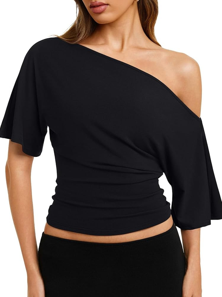 REORIA Womens Off The Shoulder Tops Dolman Sleeve Tee Shirts Banded Cinched Waist Casual Loose Su... | Amazon (US)