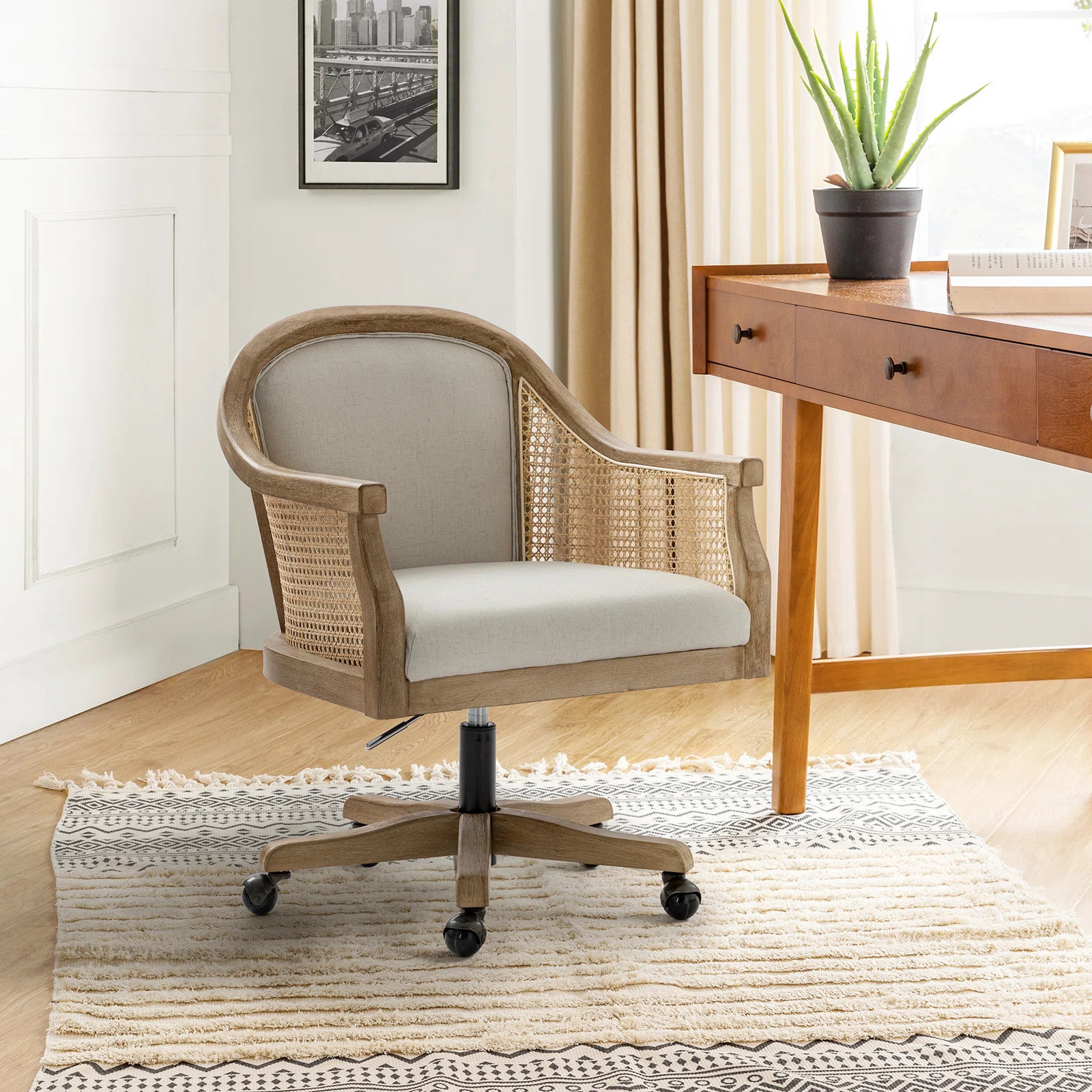 Xaver Swivel Barrel Task Chair with Rattan Arms | Wayfair UK