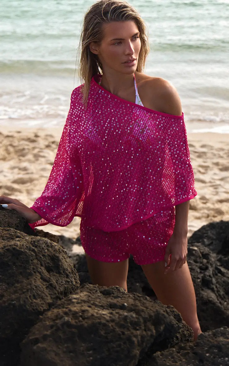 Fuschia Sequin Knit Low Rise Beach Shorts | PrettyLittleThing UK