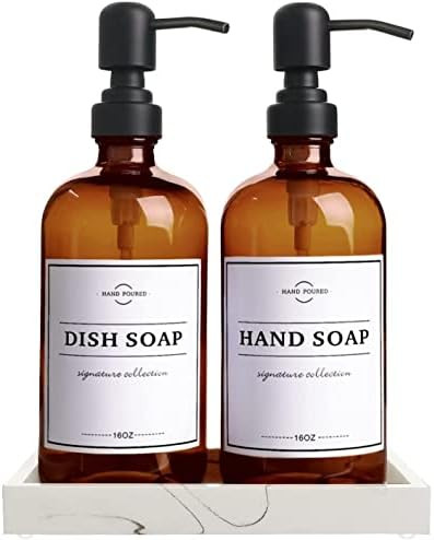 Amber Glass Soap Dispenser with Pump and Tray - Hand Dish Soap Dispenser Bottles for Hand Soap, D... | Amazon (US)