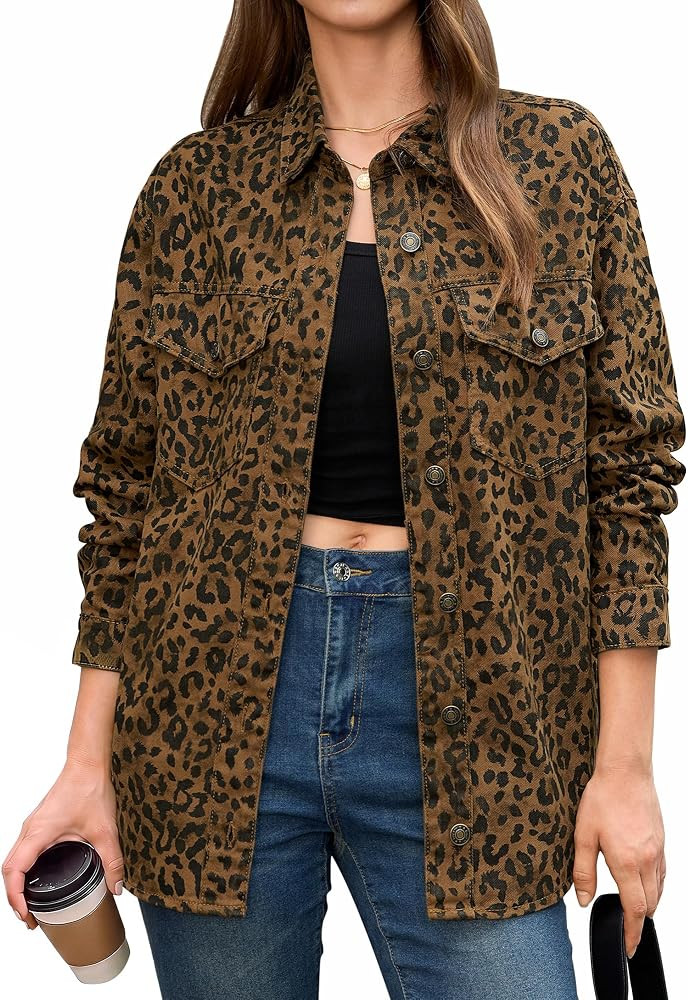 luvamia Leopard Jean Jacket Women Cheetah Print Oversized Denim Shacket | Amazon (US)