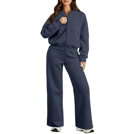 DOKOTOO Sweatsuits for Womens 2 Piece Outfits Fleece Long Sleeve Zip up Sweatshirt Wide Leg Sweatpants Tracksuit | Walmart (US)