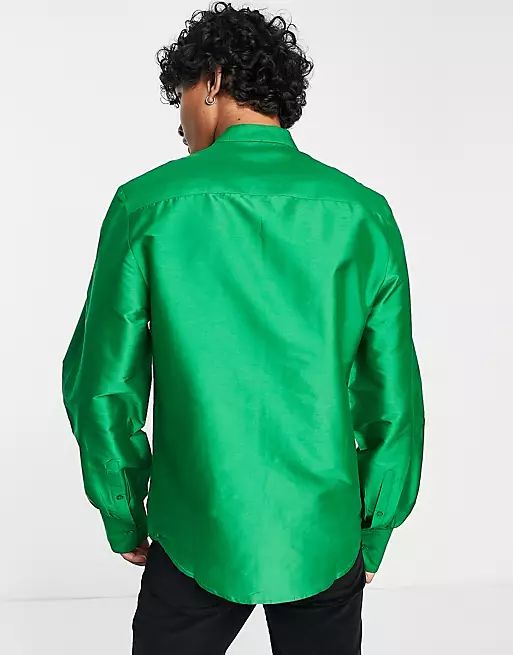ASOS DESIGN regular tafeta shirt with tie neck in green | ASOS (Global)