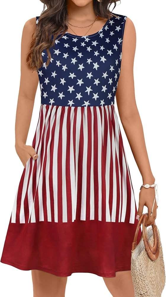 elescat Summer Dresses for Women Casual Sleeveless Tshirt Beach Flowy Tank Sundresses with Pocket... | Amazon (US)