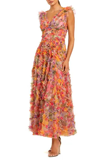 Women's Printed Floral Mesh Ruffle V Neck Maxi Dress | Nordstrom