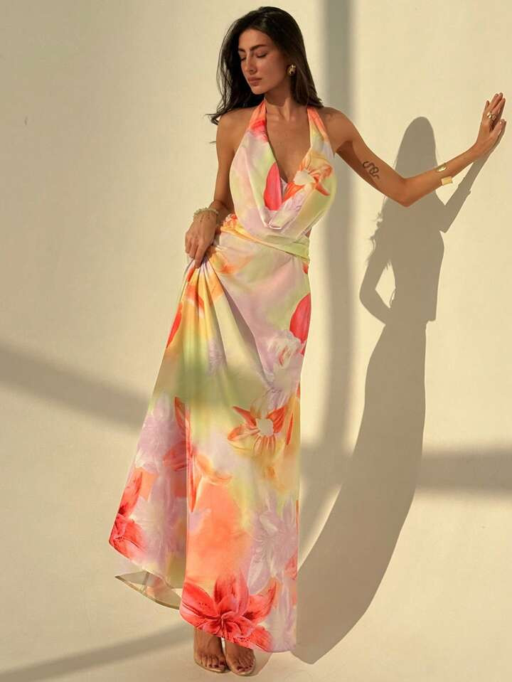 Aloruh New Sexy Backless Halter Dress, Romantic Pink Floral Print, Waist Gathering, Waist Cinchin... | SHEIN