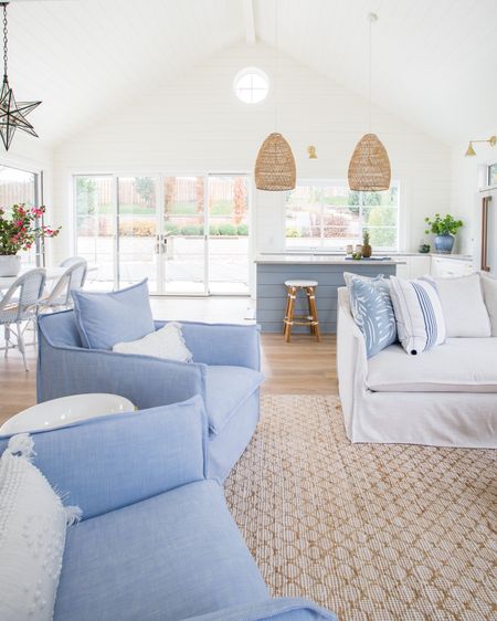 Our Omaha pool house, all decorated for spring! We love our indoor/outdoor sofa and chairs, jute rug, basket pendant lights, white and blue bistro chairs, long white dining table, LVP floors, and more! See the full tour here: https://lifeonvirginiastreet.com/pool-house-addition-reveal/.
.
#ltkhome #ltksalealert #ltkseasonal #ltkfindsunder50 #ltkfindsunder100 #ltkstyletip Serena & Lily furniture, coastal decor, living room decor, pool house furniture, upholstered swivel chairs

#LTKSeasonal #LTKsalealert #LTKhome