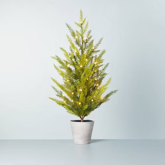 Pre-Lit Faux Cedar Tree in Plastic Porch Pot - Hearth & Hand™ with Magnolia | Target