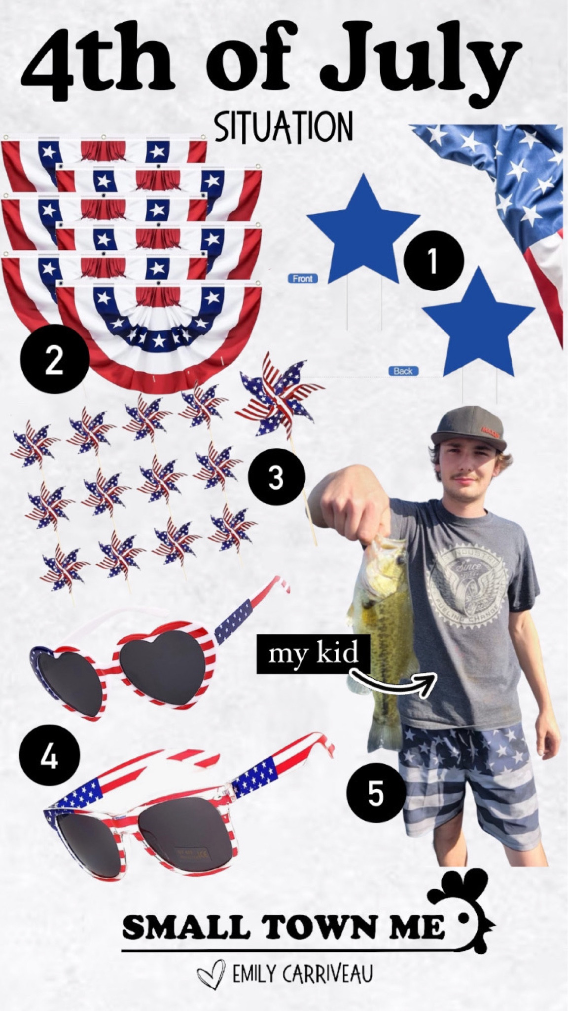 1- 4th of July star decor for our yard. 2- American flag banners to put on our porch. Saw a friend do this and loved it! 3- I love putting these pinwheels in center pieces to add that extra holiday pop! 4- fun and patriotic sunglasses! 5- Jordan’s American flag all black swim shorts are a subtle way to dress this holiday. 

#LTKFamily #LTKSeasonal #LTKHome