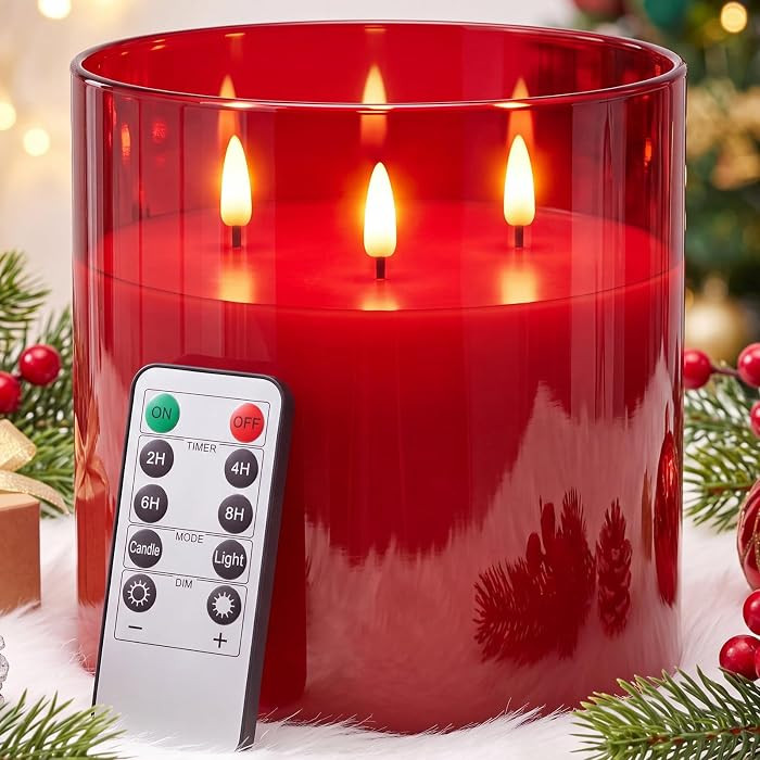 3 Wick Large Flameless Candles LED in Glass, Classic, Red, 1 Pcs | Amazon (US)