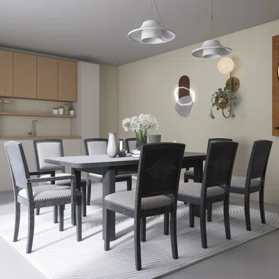 Rustic Extendable 84 Inch Dining Table Set With 24Inch Removable Leaf , 6 Upholstered Armless Dining Chairs And 2 Padded Arm Chairs, 9 Pieces, Black | Wayfair North America