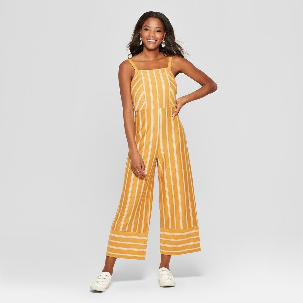 Women's Striped Strappy Square Front Knit Jumpsuit - Xhilaration Mustard (Yellow)/White L | Target