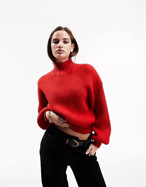 ASOS DESIGN chunky rib jumper with high neck in red | ASOS (Global)