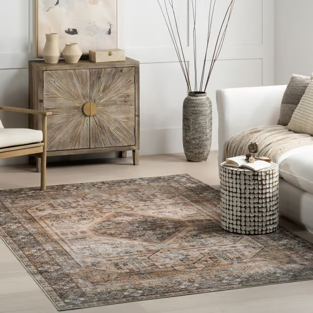 Light Brown Zella Washable Vintage Area Rug | Rugs USA