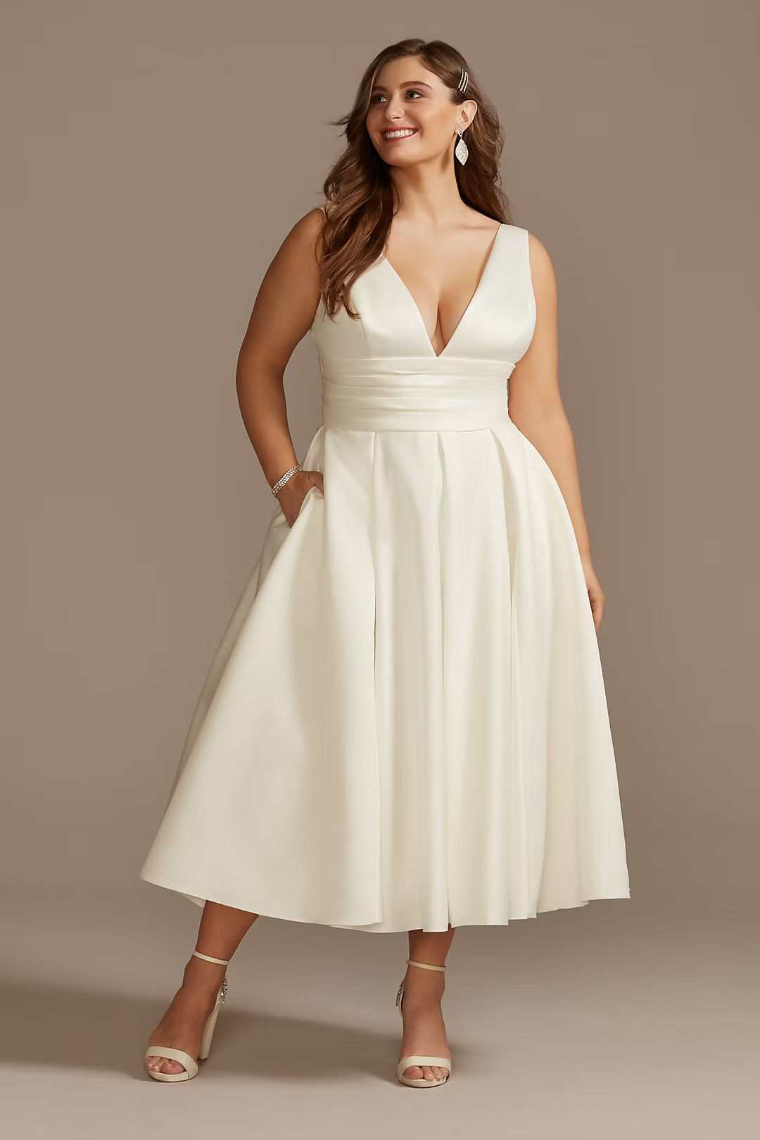 Satin V-Neck Tea Length A-Line Dress | Davids Bridal
