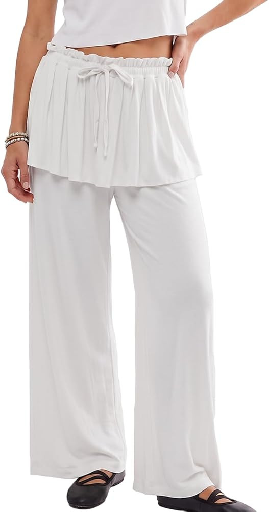 Haellun Women's High Waisted Wide Leg Pants Stretchy Casual Trousers Skirt Flowy Beach Pants with... | Amazon (US)