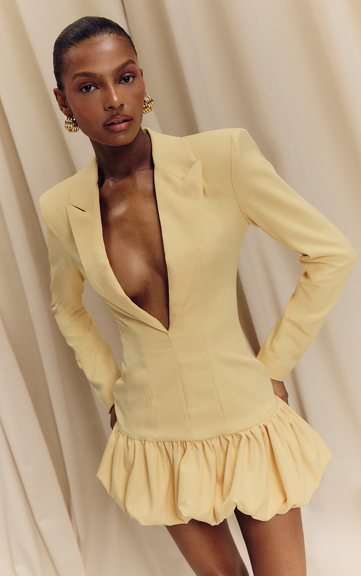 Lemon Plunge Puff Hem Blazer Dress | Pretty Little Thing (Australia & New Zealand)