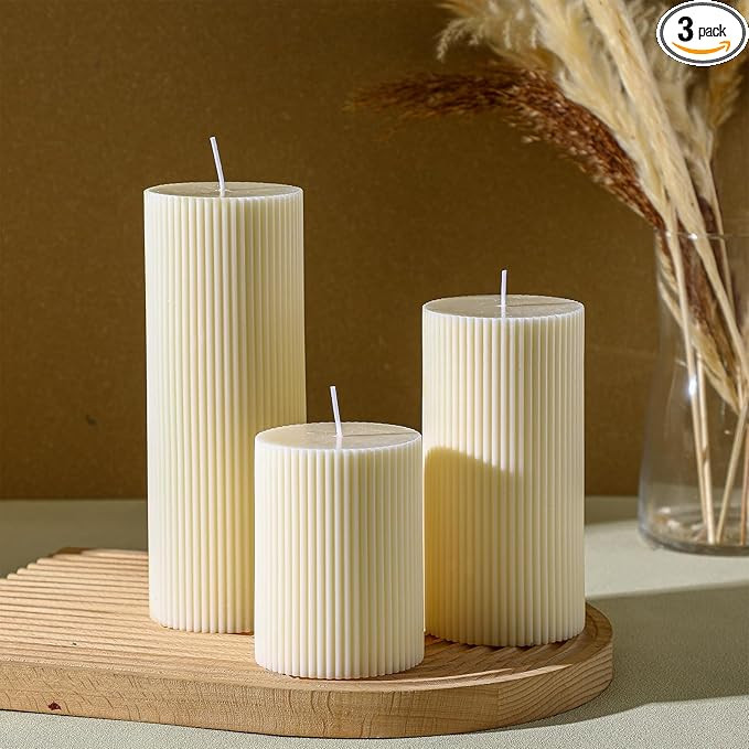 Ribbed Pillar Candles Set of 3, Width 3" High 4" 6" 8" Large Soy Wax Orchids Scented Pillar Candl... | Amazon (US)