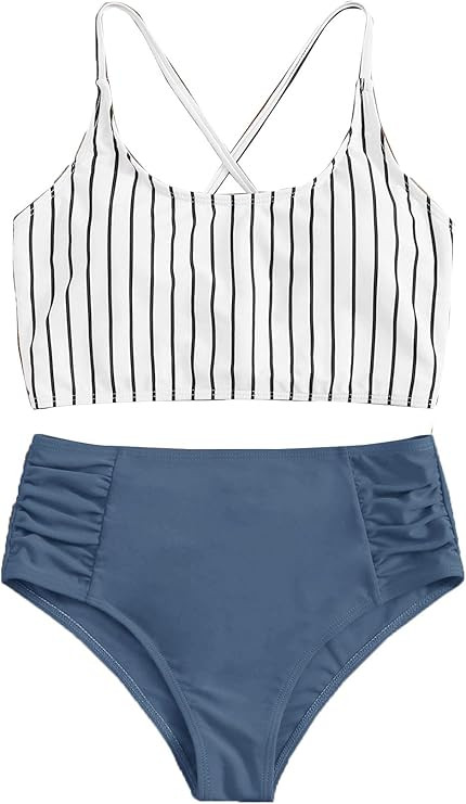 SweatyRocks Women's Bathing Suits Striped Criss Cross Bikini Set High Waisted Swimsuits | Amazon (US)