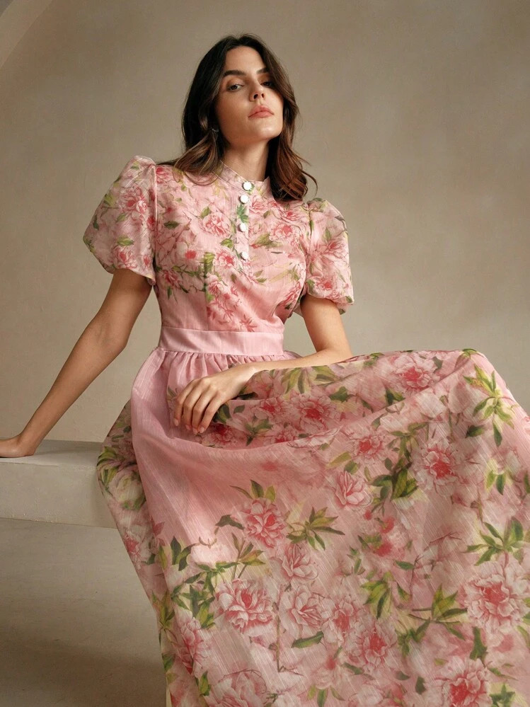 Anewsta French Elegant Floral Jacquard Print V-Neck Puff Sleeve Dress For Women, Yellow Maxi Women Outfit | SHEIN