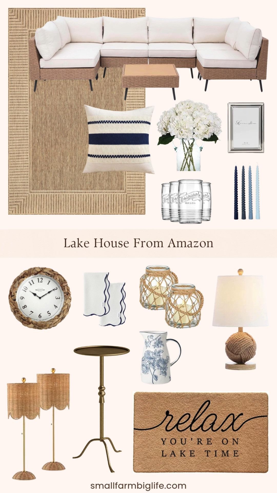 Lake house season is here and this round up has everything you need to get your space ready. The rattan wicker outdoor sectional sofa is such a dream for a porch or patio, and the coastal buffet lamps and monkey fist rope table lamp add that perfect nautical touch indoors. I love the blue spiral taper candles and nautical lanterns for easy table and mantel styling, and the blue and white ceramic pitcher vase and white hydrangeas are such a classic combination. The woven clock, brown striped area rug, and brass pedestal end table all add warmth and texture, and the "Relax You're on Lake Time" doormat is such a fun finishing touch. Tap to shop! 

 #LTKSeasonal #LTKHome #LTKSaleAlert