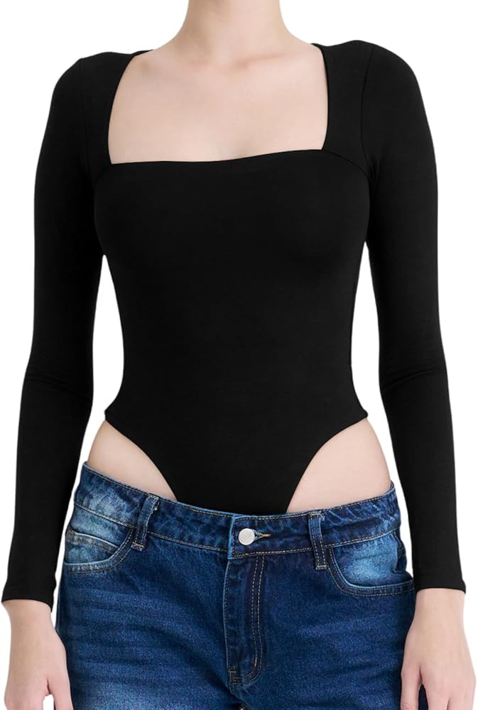 Women's Square Neck Long Sleeve Bodysuit, Slim Fit, Casual Style | Amazon (US)