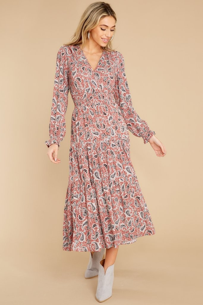 Not Today Brick And Black Paisley Print Maxi Dress | Red Dress 