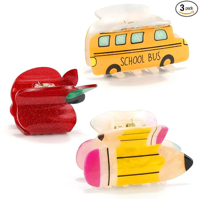 3Pcs Pencil School Bus and Apple Claw Clips for Back to School, Cute Unique Teacher Hair Clips fo... | Amazon (US)