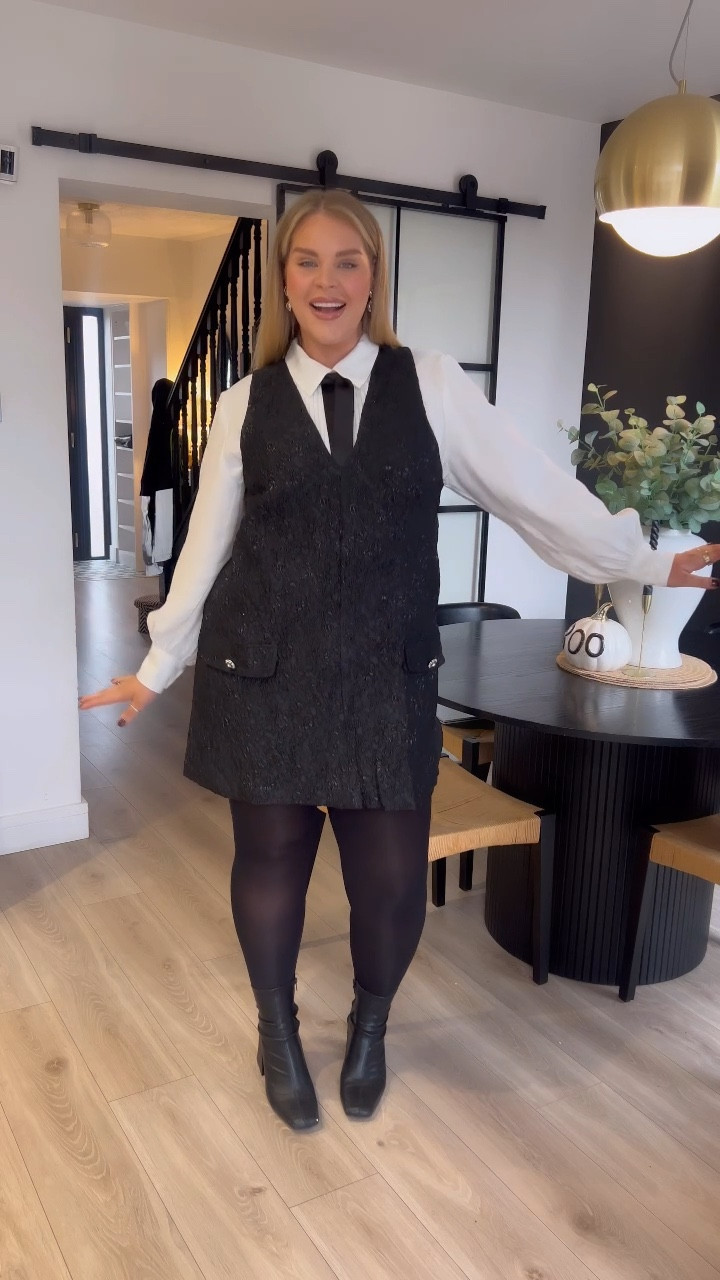 night out outfit. Date night outfit. Little black dress. Tuxedo shirt. Black and white outfit. Tailored style. Masculine style. Autumn fashion. Autumn style. OOTD. Midsize style. H&M. 

#LTKgrwm #LTKautumn #LTKmidsize