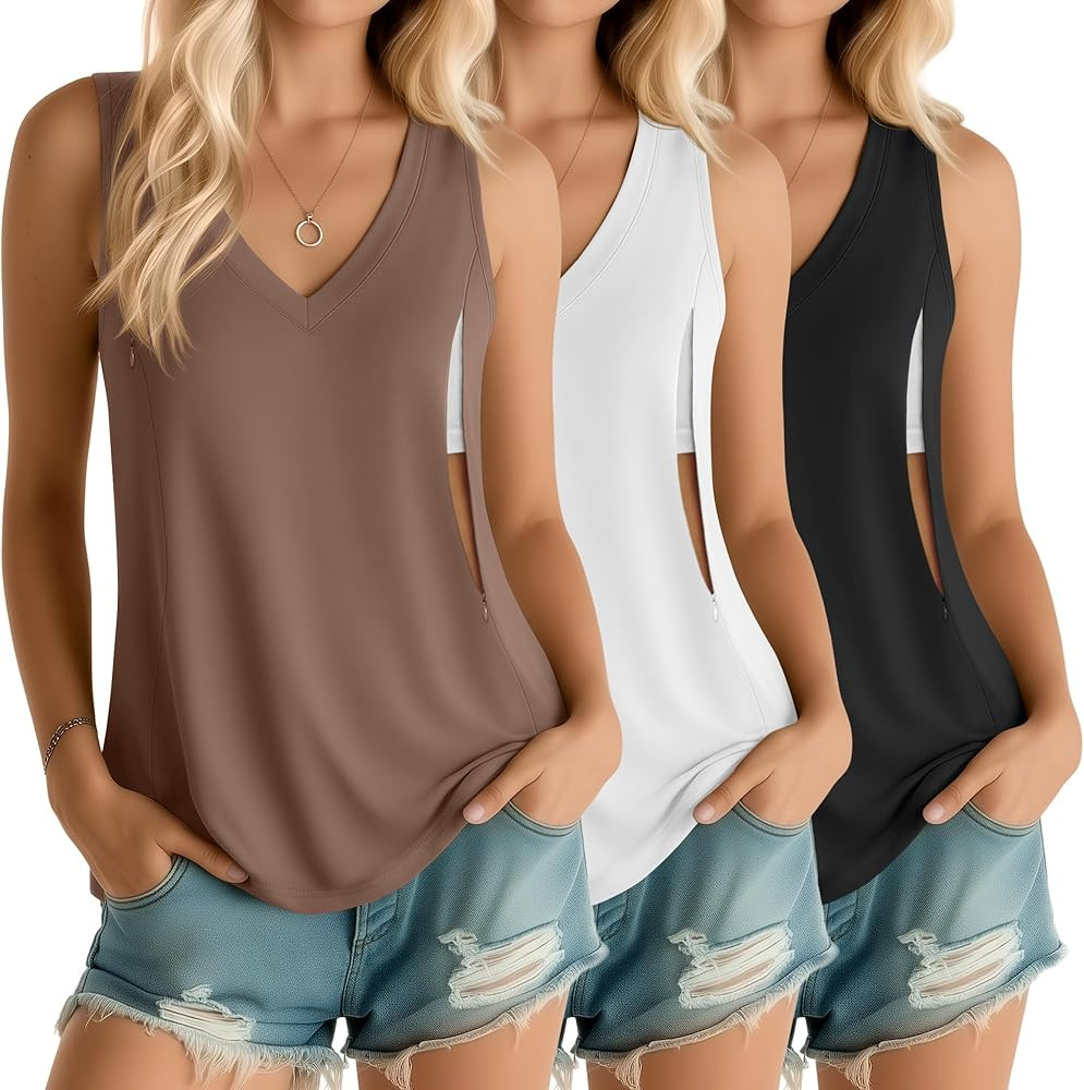 Ficerd 3 Pack Women's Nursing Tank Tops Hidden Zippers Breastfeeding V Neck Sleeveless Shirts Loo... | Amazon (US)