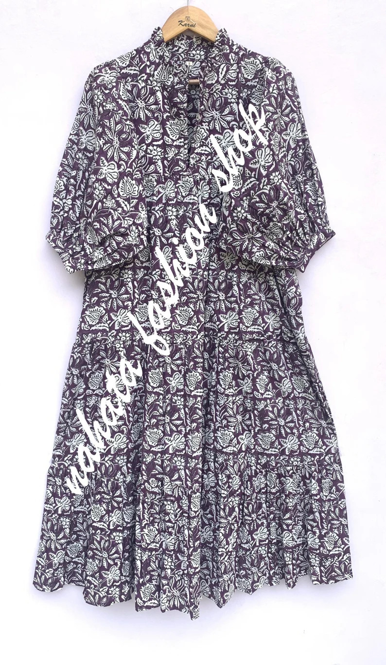 indian cotton purple floral block printed women's maxi dress - 3/4th sleeves boho maxi dress | Etsy (Global)