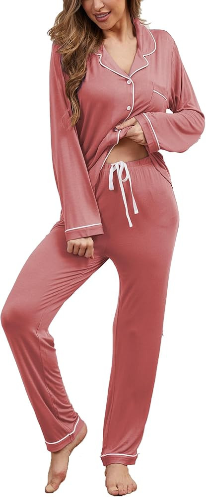 Button Up Pajamas for Women Long Sleeve Sleepwear Soft Loungewear Ladies Pjs Set XS-XXL | Amazon (US)