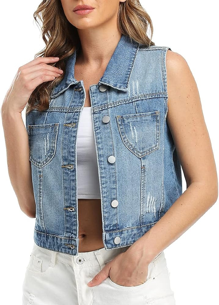 WUDODO Womens Denim Jean Vest Classic Cropped Distressed Spread Collar Sleeveless Jean Jacket | Amazon (US)