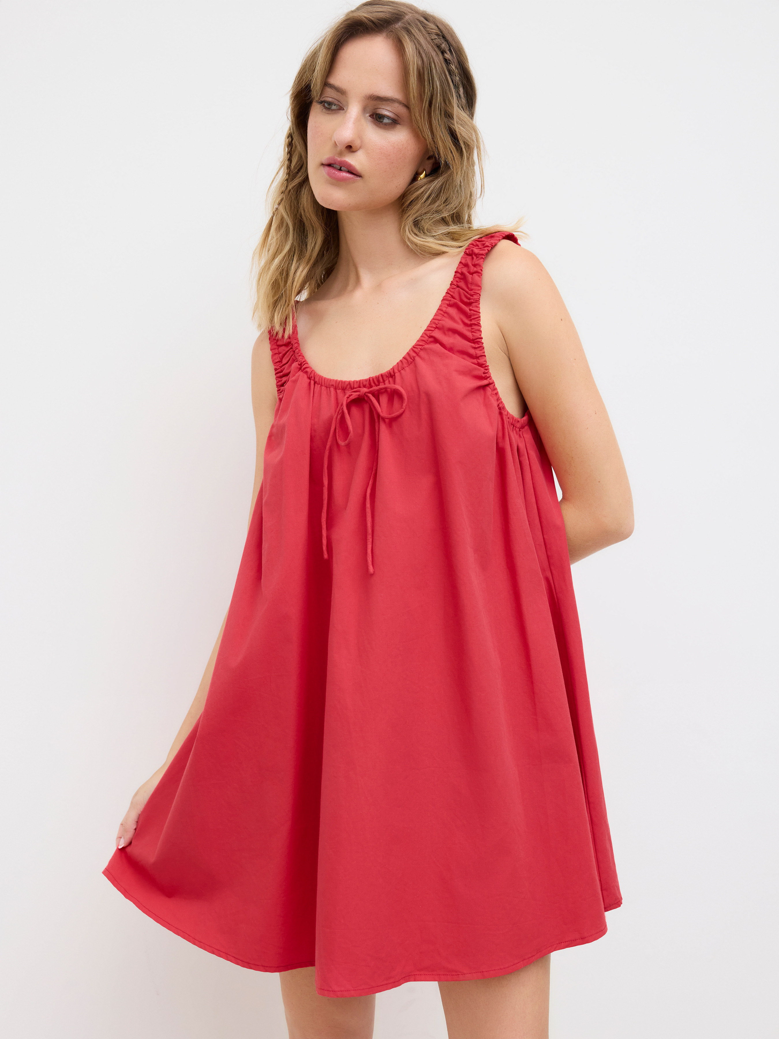 Woven 100% Cotton U-neckline Knotted Ruched Mini Dress For Vacation | Cider