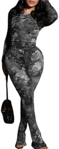 Sexy 2 Piece Set Jumpsuit for Women Floral Print See Through Mesh Long Sleeve Going Out Top and F... | Amazon (US)