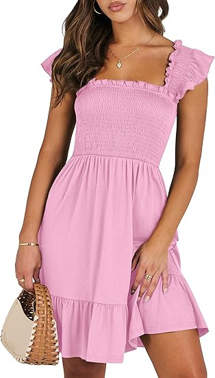ANRABESS Women's Summer Casual Sleeveless Square Neck Dress 2026 Smocked Ruffle Backless Boho Bea... | Amazon (US)