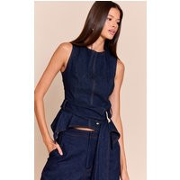 Indigo Blue Chambray Denim Belted Trim Detail Peplum Top, Indigo | PrettyLittleThing UK