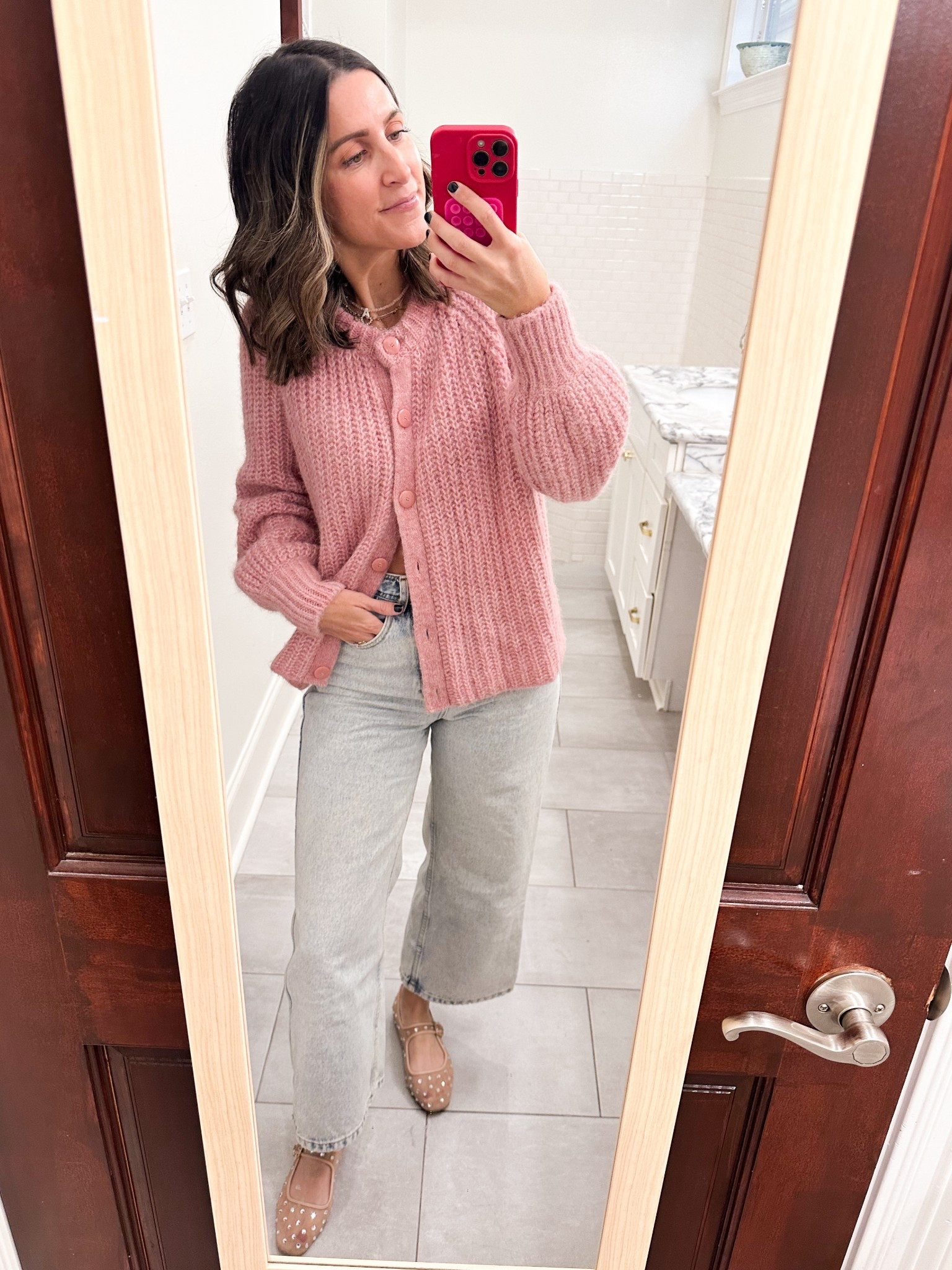 Sezane sweater - wearing XS. 
Sezane jeans run TTS. 
Mesh Mary Jane flats run TTS  

#LTKOver40 #LTKShoeCrush