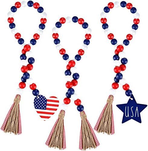 Jetec 3 Pieces Independence Day Wood Bead Garland with Rustic Tassels Patriotic Wood Bead with Ameri | Amazon (US)